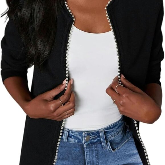 Women Lightweight Open Front Sweater Cardigan Pearls Trim Knit Jacket Trendy Lon - Picture 1 of 5